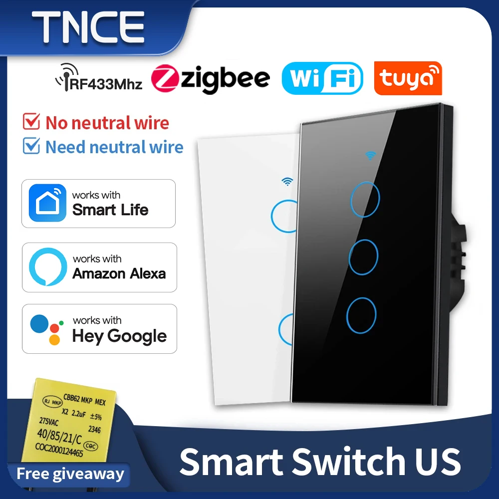Tnce Tuya Us Switch Wifi Zigbee, 1/2/3/4 Bende, Geen-Neutrale/Draad Led Licht Controle Muur Knop, Slimme Stem Met Alexa Google Home
