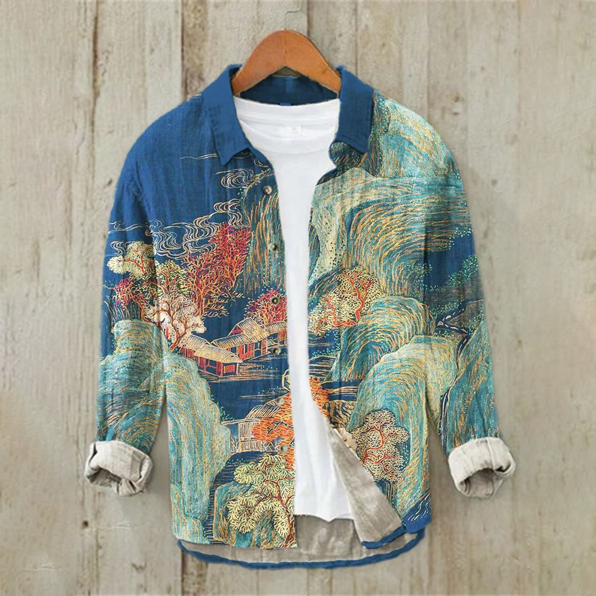 Linen Printed Long Sleeve Shirt Ocean Wave Traditional Pattern Art Hawaiian Shirt Men's Super Large Size S-6XL Fast Shipping