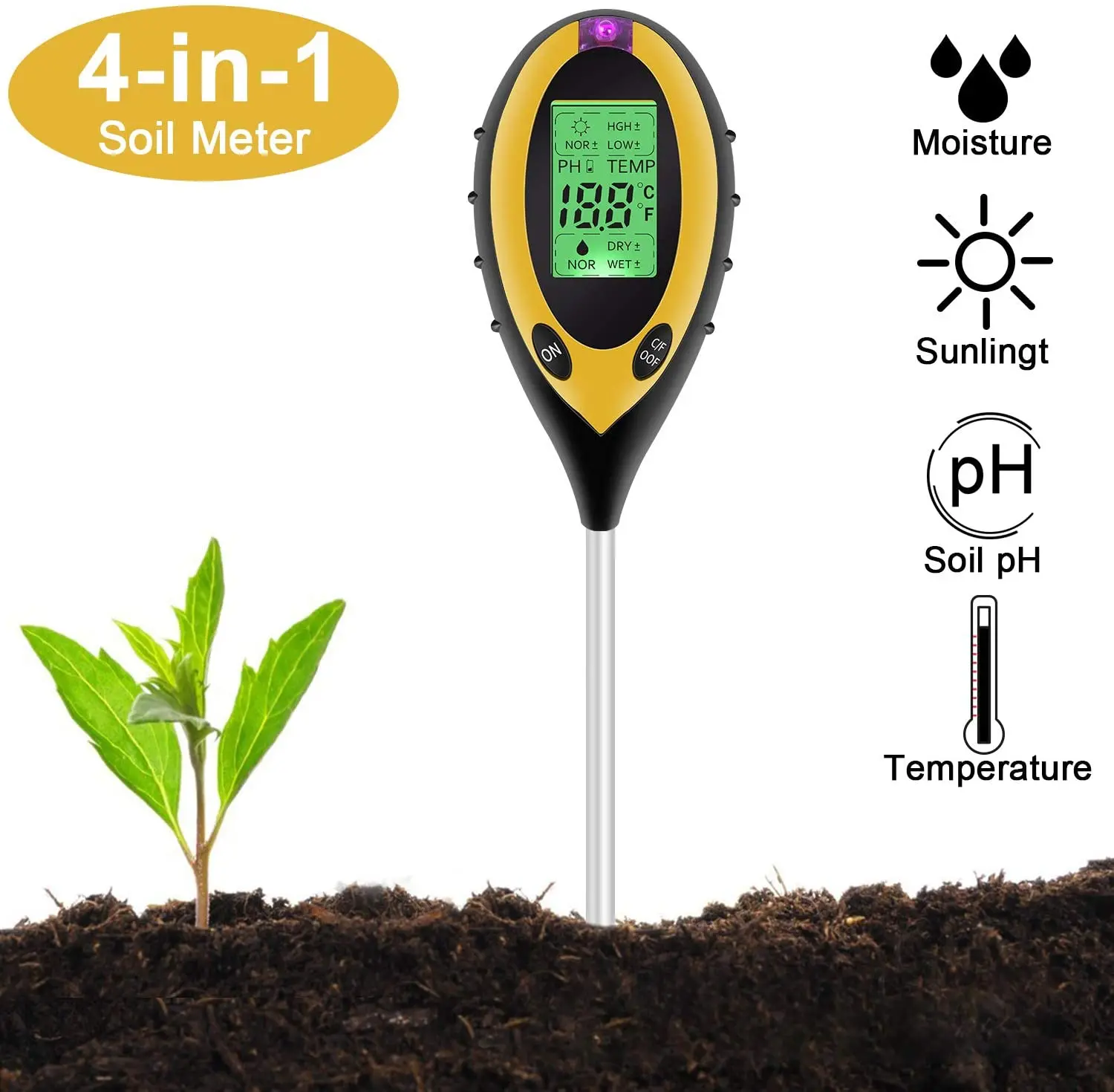 Nuevo medidor de pH del suelo 3/4 en 1, probador de acidez y humedad, medidor de humedad del suelo, Kit de prueba de suelo para plantas para flores