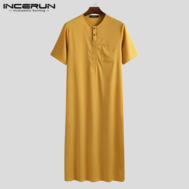 Incerun 2024 masculino muçulmano jubba thobe kaftan islâmico cor sólida moda manga curta caftan oriente médio dubai roupões masculinos S-5XL
