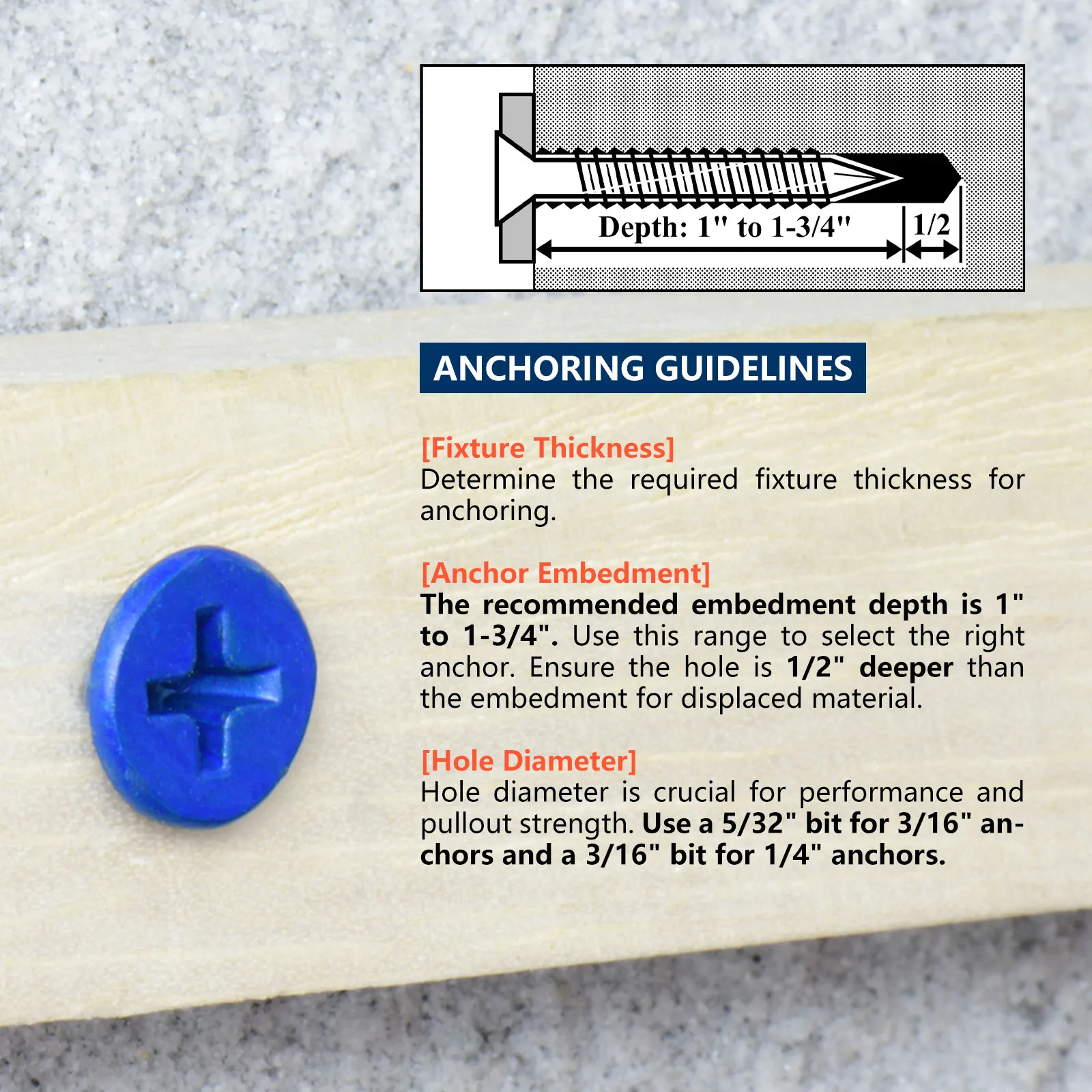 3/16" oder 1/4" Betonschraubanker, blaue Flachkopfschrauben für Mauerwerk, Ziegelblock, Zementstucks (verpackt mit Bohrer)