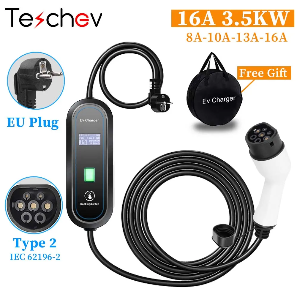 Cargador EV portátil Teschev Type2 IEC 62196 cargador de coche eléctrico 3.5KW 16A 1 fase EVSE estación de carga EV Wallbox de carga rápida