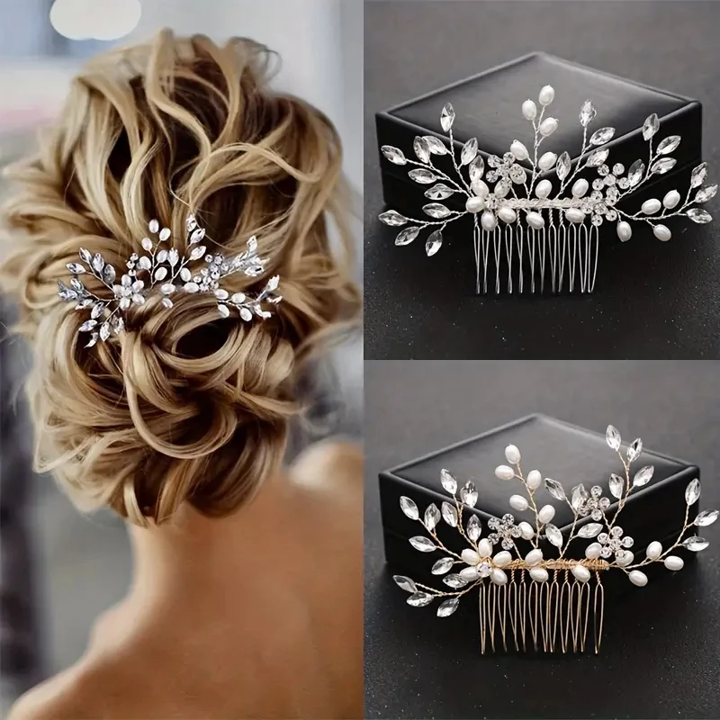 Pettine per capelli da sposa Copricapo da sposa Pettine per capelli dorato e argentato Pettine per capelli con perle finte Pettine per capelli in cristallo con strass Capelli da sposa A