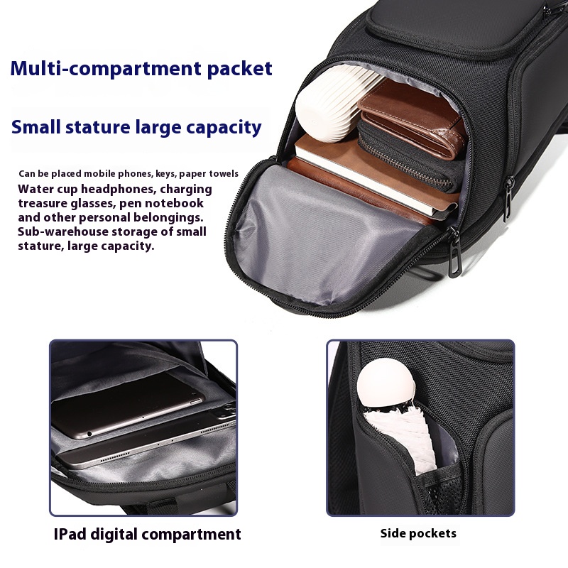 Fenruien bolsa de ombro masculina, bolsa crossbody com carga usb à prova d'água para viagem curta, bolsa de peito adequada para ipad de 9.7 espaços