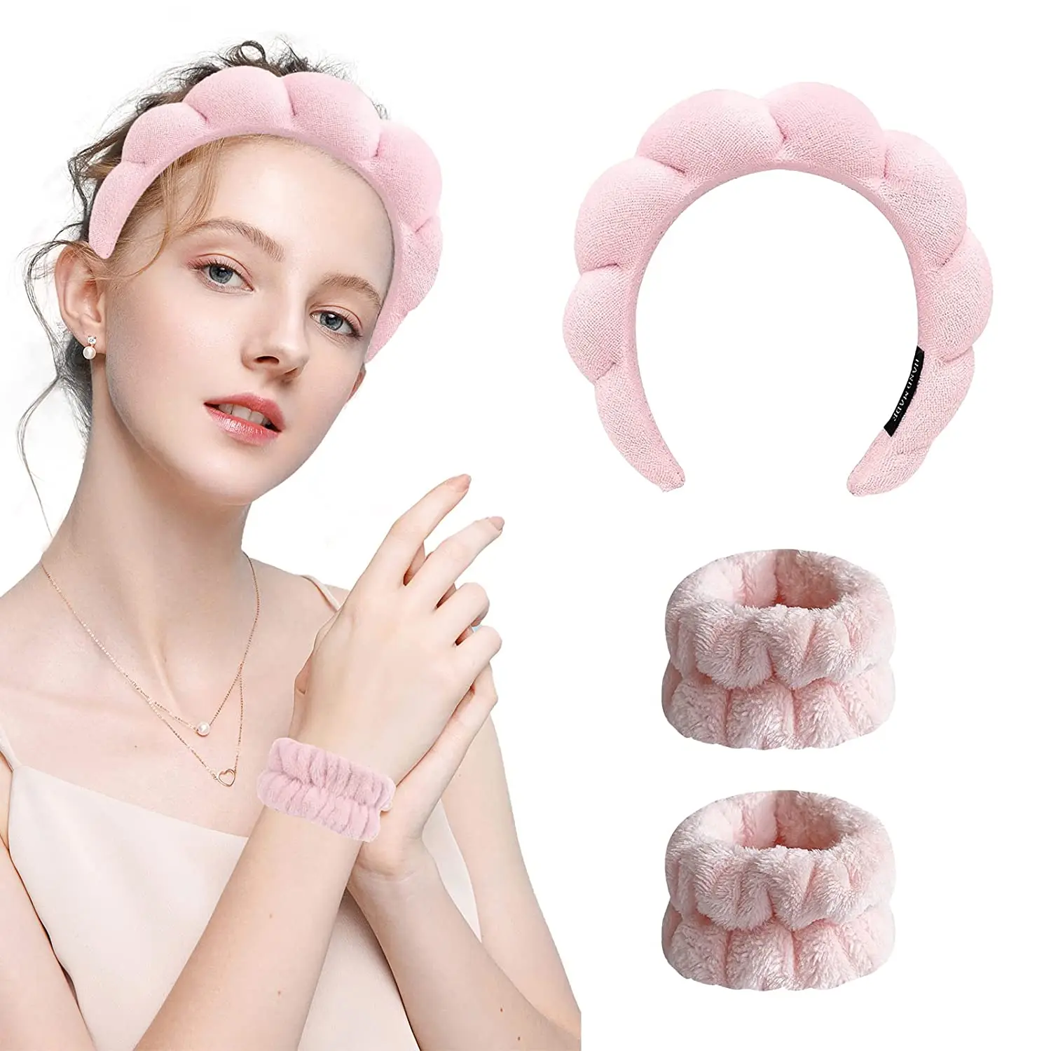 3 ชิ้นแฟชั่นไมโครไฟเบอร์ซักผ้าสายรัดข้อมือ Scrunchies Puffy แถบคาดศีรษะสปา Bubble สําหรับล้างหน้าแต่งหน้าอาบน้ํา Skincare