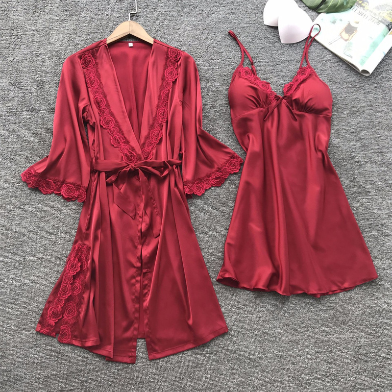 2 pçs leepwear feminino pijamas conjunto de cetim casa pyjamamas renda robe sono terno com decote em v casamento pijamas usar nighty & robe