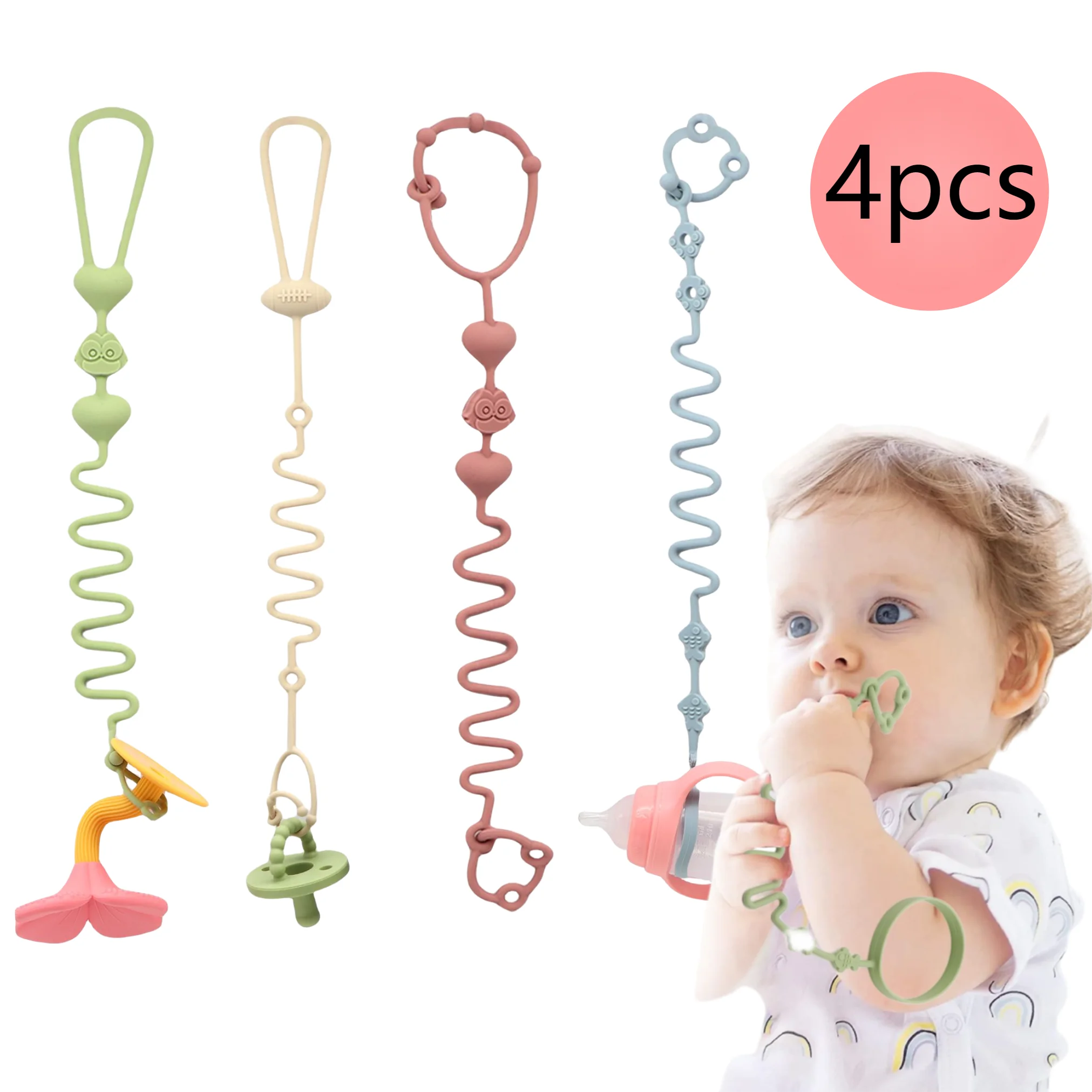 Corrente de chupeta de silicone ajustável, 4 unidades, brinquedos de mordedor, adequado para cadeira alta, berço, presentes de bebê, bege