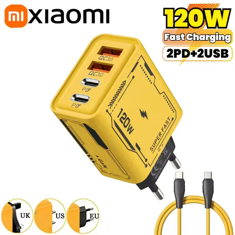 XIAOMI 120W Fast Charger 4Port USB C PD Ultra Quick Charging USB 3.0 Type C EU US Plug Mobile Phone Charger For iPhone Huawei