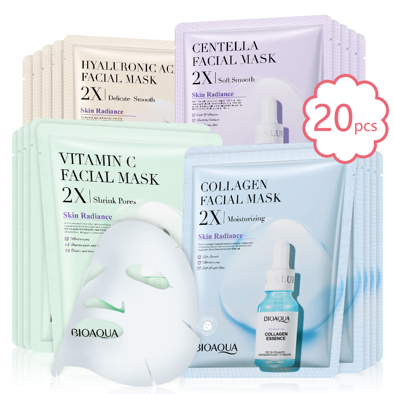20 pz BIOAQUA Centella Collagene Maschera per il viso VC Idratante Rinfrescante Maschere in fogli Maschera per il viso all'acido ialuronico Prodotti per la cura della pelle