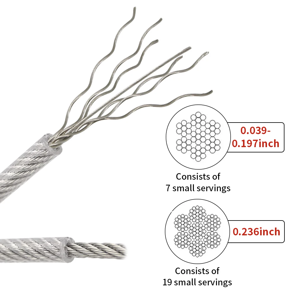 Cabo de aço inoxidável 304 com revestimento transparente de PVC, 5/10/20/50M, corda resistente para secar roupas, cabo de aço 7X7