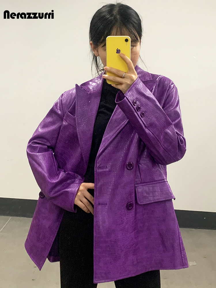 Nerazzurri Frühling Herbst lose lila braun Krokodil druck Patent Pu Leder Blazer Frauen zweireihige koreanische Mode