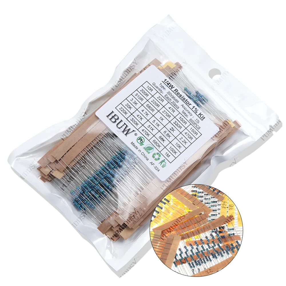 300 Pçs/set 30 Tipos 1/4W 1/2W 1W 2W 3W Resistência 1% Pacote de Resistor de Filme de Metal Kit Sortido 0.1R-750R 1K-820K Resistor 150 Pçs/set