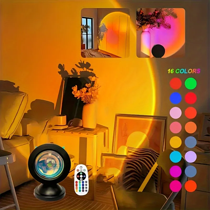 Luz de proyección de puesta de sol vibratoria, espectro de 16 colores, Control remoto USB, luz LED que cambia de Color dinámica, crea una casa cálida, 1 ud.