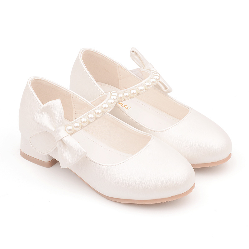 Zapatos de tacón alto con lazo blanco para niñas, tacones de princesa, marea de perlas, primavera y otoño