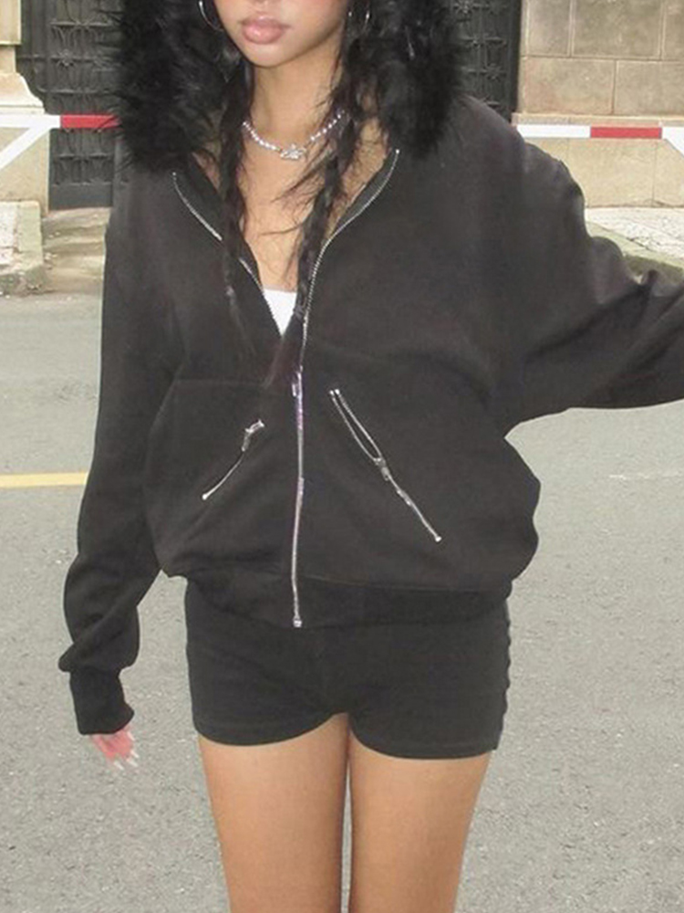 AltGoth 다크 아카데미아 고딕 맨투맨 여성 스트리트웨어, 하라주쿠 빈티지 Y2k E-girl 사이버 펑크 퍼 칼라, 루즈 가디건 상의