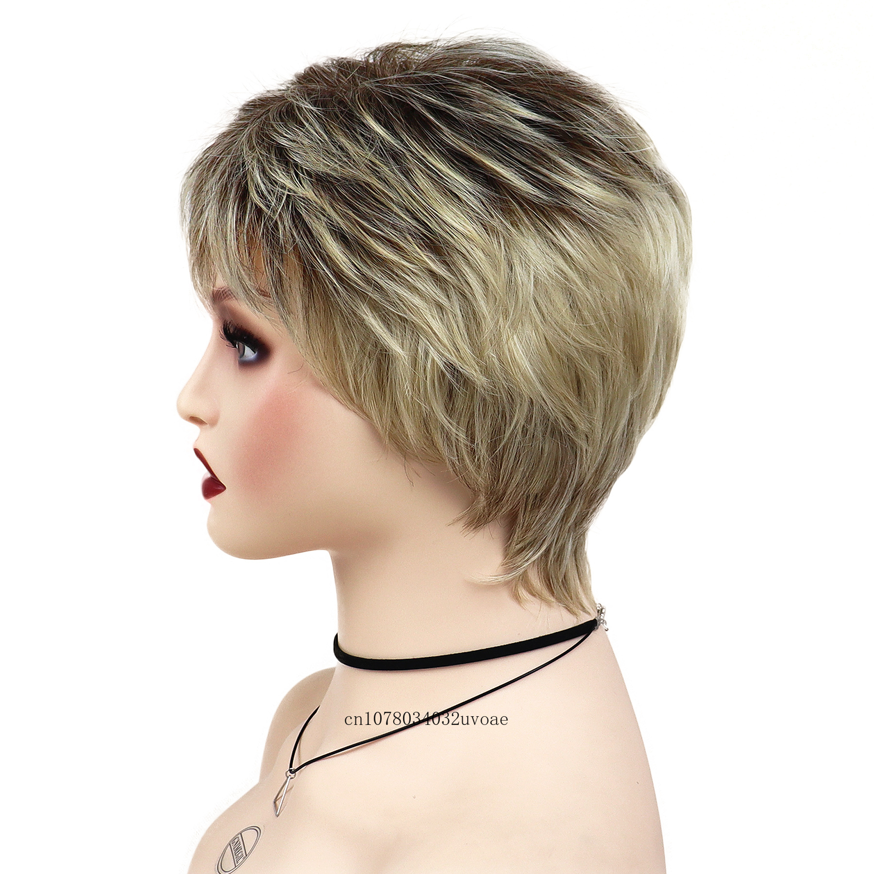 Peluca sintética Natural de corte Pixie para mujer, pelo corto de mamá, peluca rubia mixta con flequillo, corte de pelo recto, Cosplay diario, Halloween