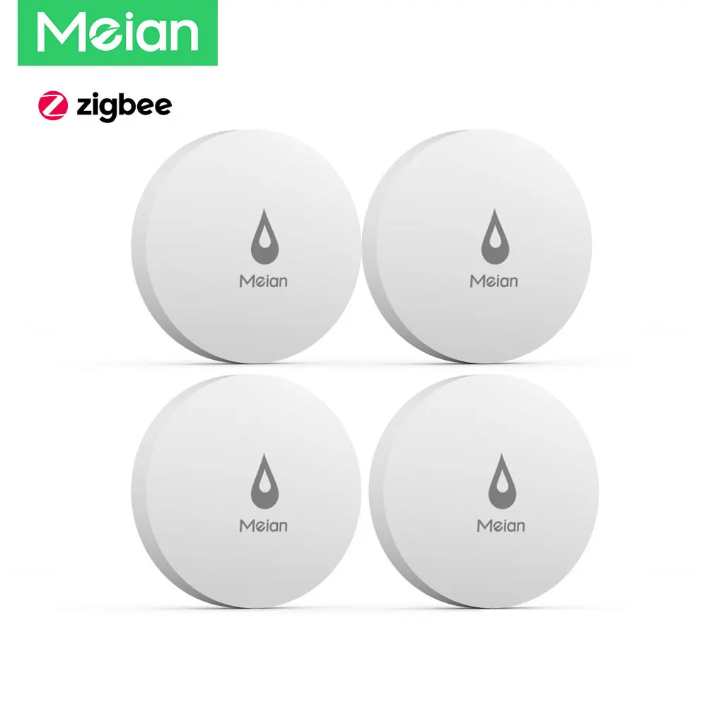 Датчик утечки воды MEIAN ZigBee, 4 шт., беспроводной детектор утечки воды ZigBee 3,0, мониторинг утечки воды, умный дом, сигнализация безопасности, без батареи