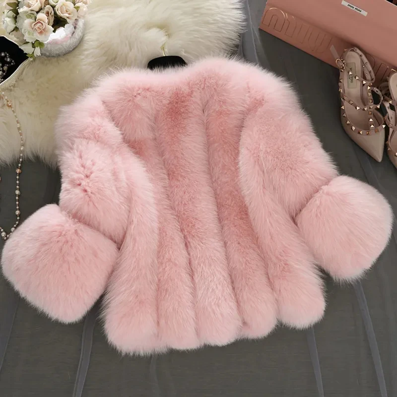 Abrigo de piel rosa grueso y cálido para mujer, abrigo de piel de zorro sintética a la moda, chaqueta mullida de piel Artificial de manga tres cuartos para invierno 2024