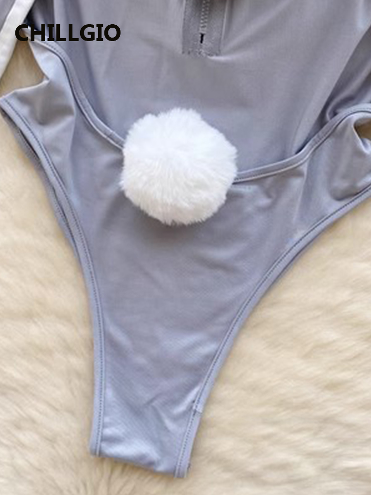 Chillgio feminino sexy erótico coelho bodysuits moda sólida uma peça combinação macacão pijamas collants sem costas zíper catsuits