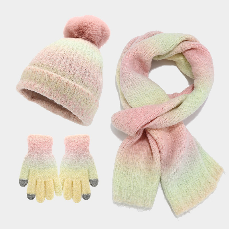 Novo tie-tingido chapéu de malha cachecol luvas conjunto moda pompom gorros de lã inverno forro de pelúcia engrossado gorro tela de toque luvas