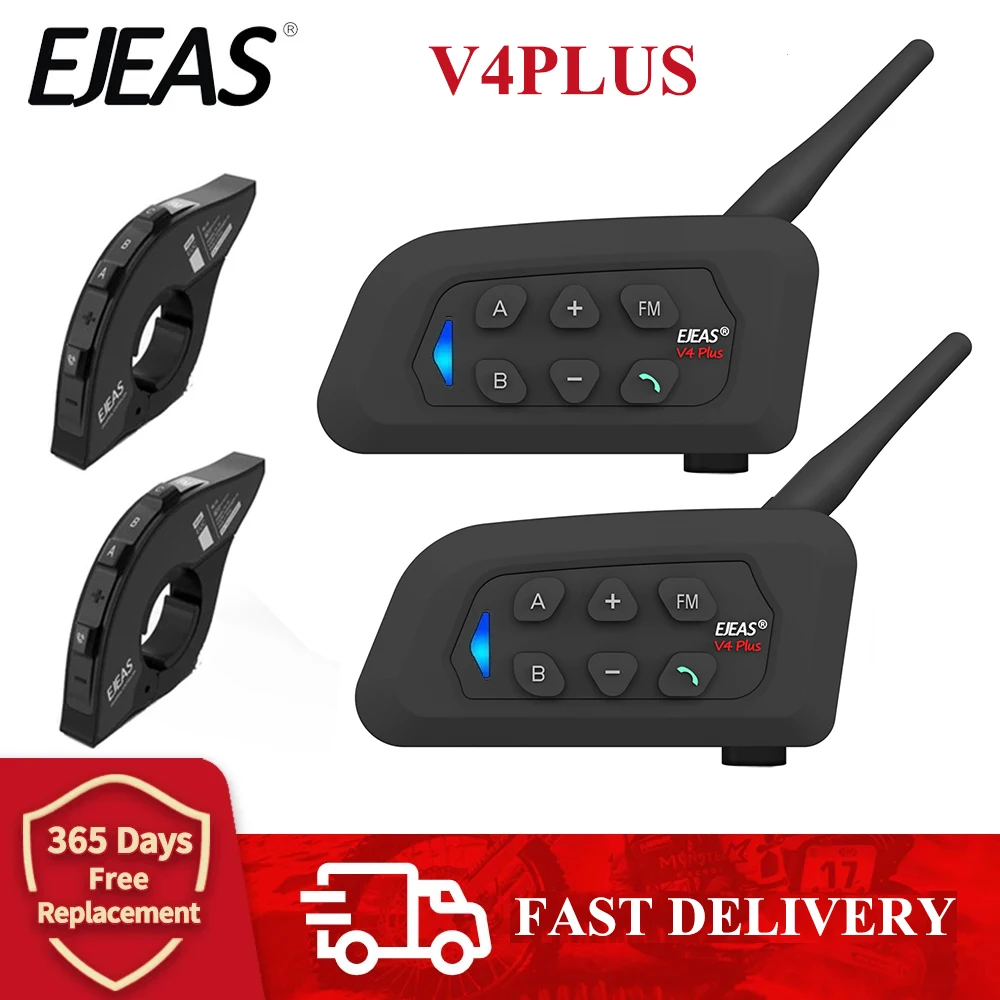 EJEAS V4 Plus Мотоциклетный домофон Bluetooth Беспроводная гарнитура для шлема IP65 Водонепроницаемая FM-радио, групповое разговоры для 4 гонщиков 1500 м