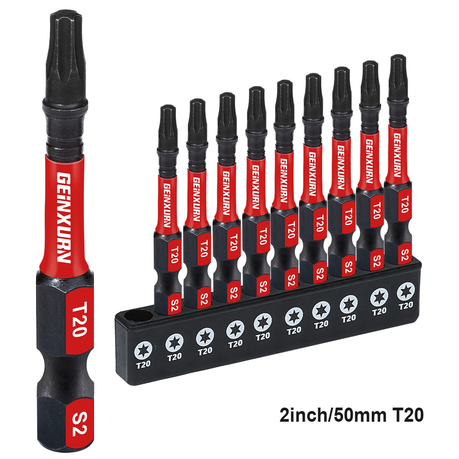 Geinxurn Magnético de impacto de 2 pulgadas # Juego de 20 puntas de destornillador Torx, juego de puntas eléctricas T20 de acero de aleación S2 con base