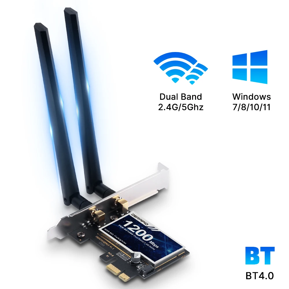 Беспроводной адаптер WiFi 5 AC1200 PCI-E Сетевой адаптер BT 4,0 двухдиапазонный 2,4G/5 ГГц 802.11AC Настольный ноутбук ПК для Windows 7/8/10/11