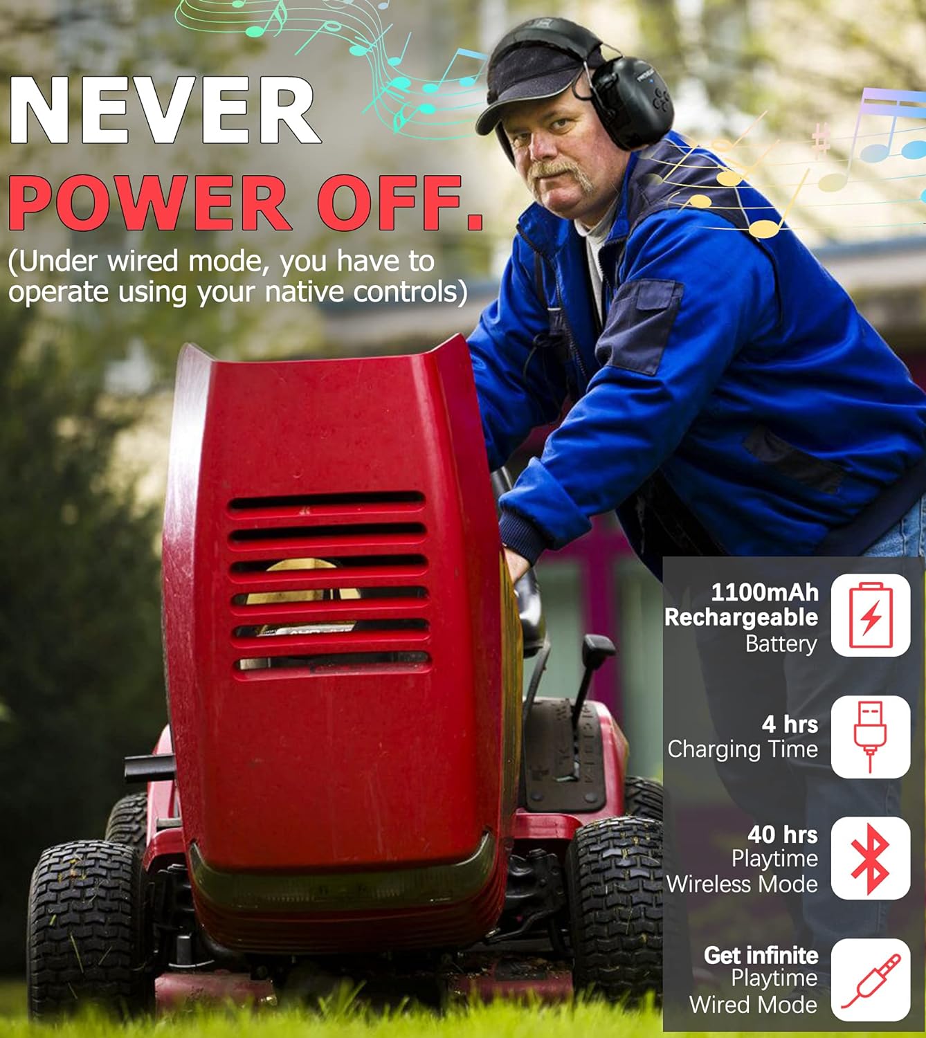 PROHEAR-Auscultadores de Proteção Auditiva com Bateria Recarregável, Redução de Ruído de Segurança, Ear Muffs para Mowing Work, Bluetooth 5.0