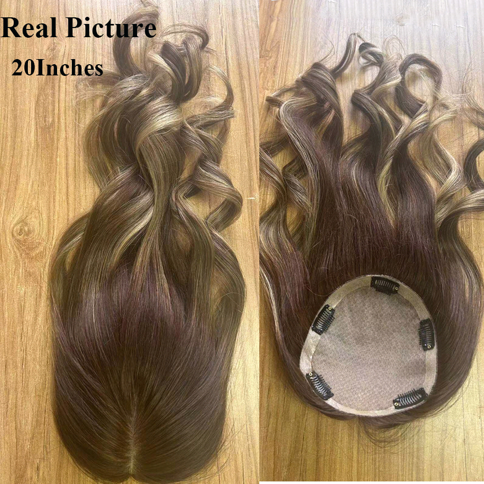 女性のためのヨーロッパのバージン人毛トッパー、アメジストハイライト、ブロンド、ウェーブ、シルクベース、トップトーピー、バレイジカラー、5x6"