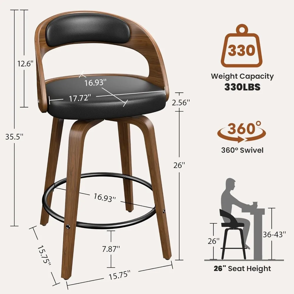 Swivel Bar Stools Set of 4, 26" Counter Height Bentwood Barstool, Mid-Century Modern PU Leather Upholstered Bar Chair with Back