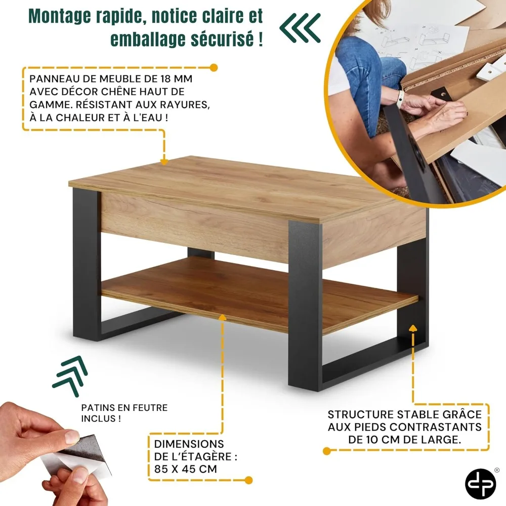 table basse relevable avec rangement - table de salon industrielle moderne - table basse avec étagère et compartiment caché - fabriquée