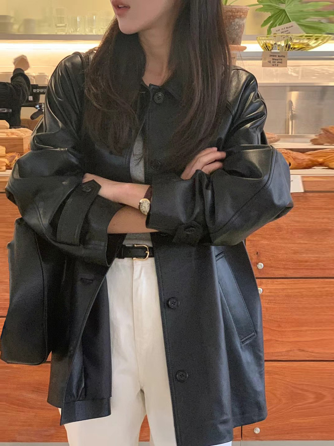 Retro bla couro do plutônio jaet feminino chique solto casaco longo sve outono faion rua design sensação casaco de comprimento médio