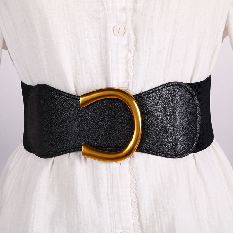 Cinturón elástico ancho para mujer, cinturón elástico para vestido, talla grande con hebilla grande dorada