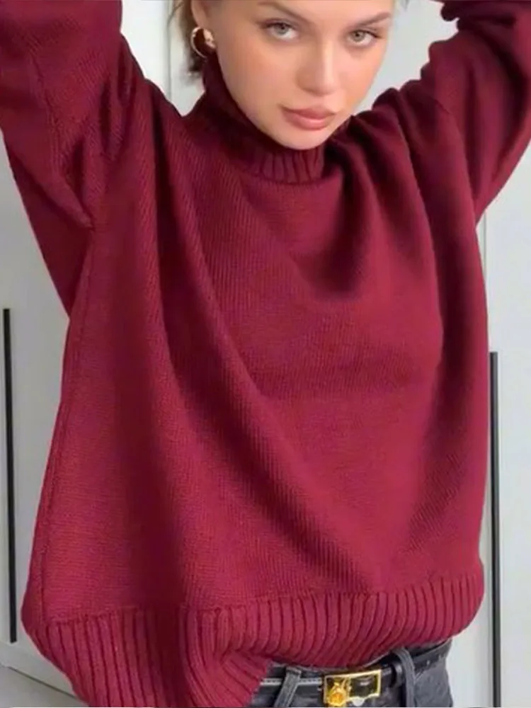 RetroสีทึบคอWarm Lady Pullover Elegantแขนยาวสบายๆ 2024 ใหม่ผู้หญิงฤดูใบไม้ร่วงเสื้อกันหนาว