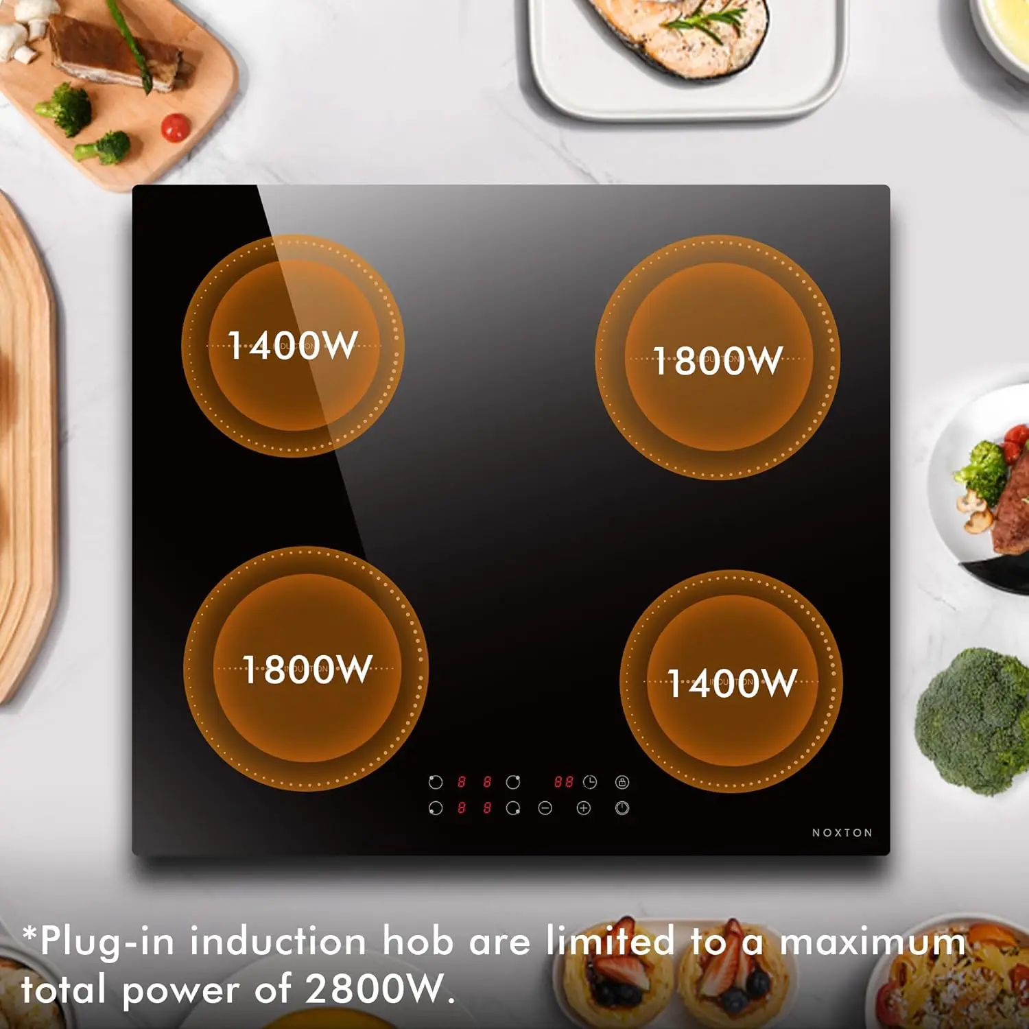 NOXTON Plug-in-Induktionskochfeld, 4 Zonen, elektrisch, 60 cm, integriert, Touch, Sicherheitsschloss, 99 Min. Timer, Schwarz, (UK: 2800 W/EU:3500 W)