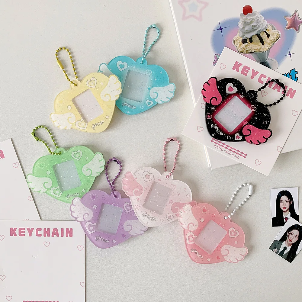 INS Style Korean Style Heart Wings Hard Card Folder Brick Acrylic for 1 inch ID Photo Storage Display Pendant Keychain Ornaments