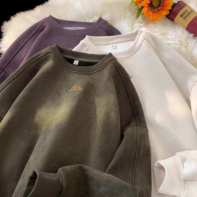트렌디 한 streetwear 스웨이드 크루 넥 스웨트 남성 여성 운동복 수 놓은 패턴 헤비 웨이트 커플 풀오버 스웨트