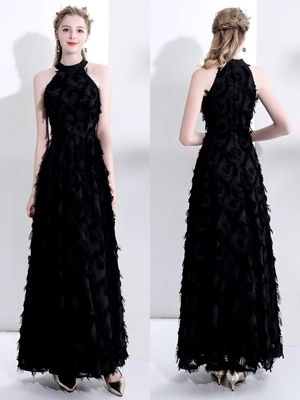 Vestido de Noite E Branco com Plumas, Decote ter, Saia Longa, Estilo Doce, Cintura Média, Modelo Evasê, em Fibra de...