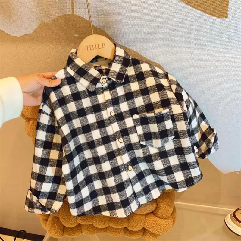Kid's Long Sleeve Shirts 2-7Y 2024 Autumn Boys Vintage Plaid Shirt Girls Casual Turn Down Collar Blouse Children's Base Tops