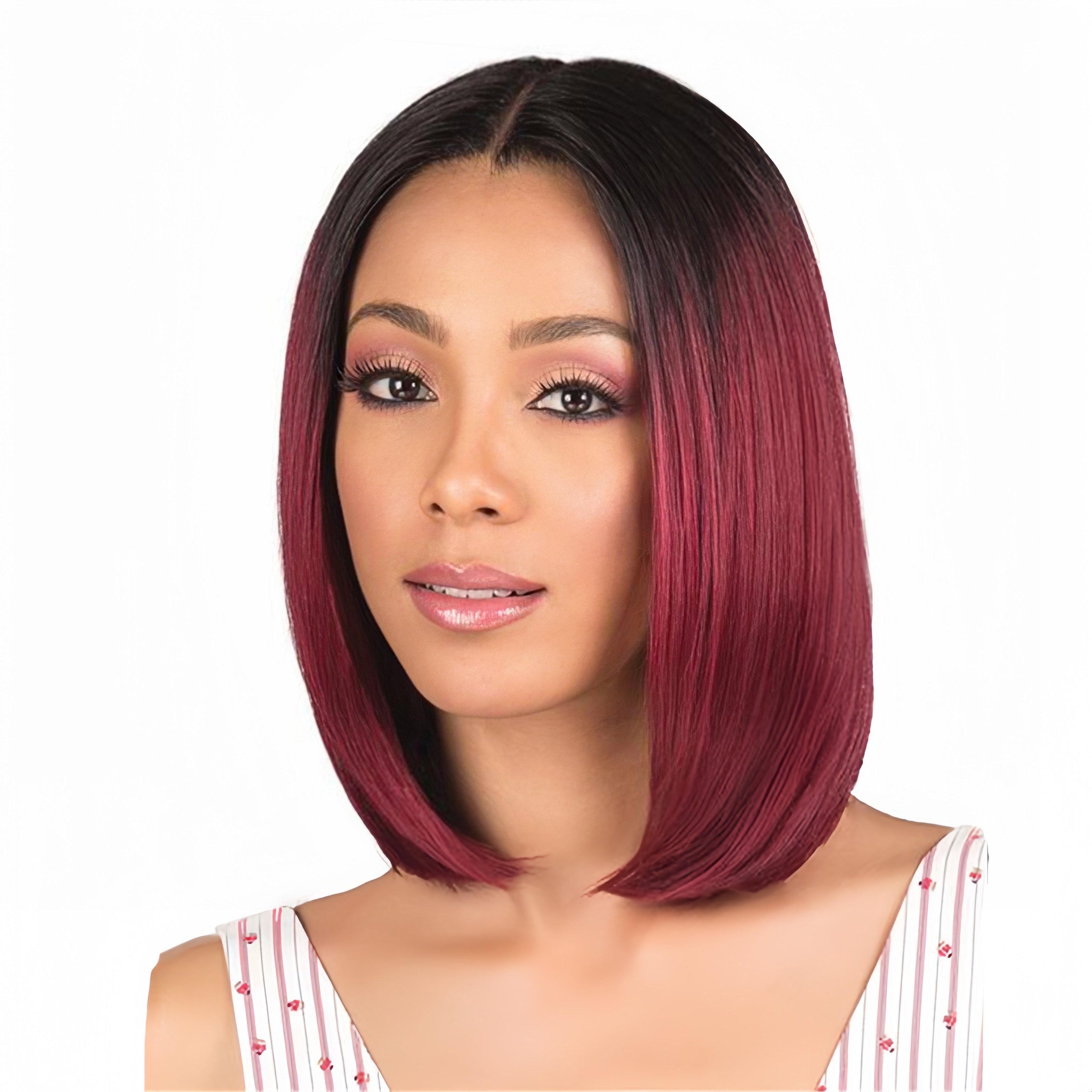 Peluca bobo teñida europea y americana de moda, pelo corto y liso para mujer, pelo de fibra sintética de color rojo vino degradado negro