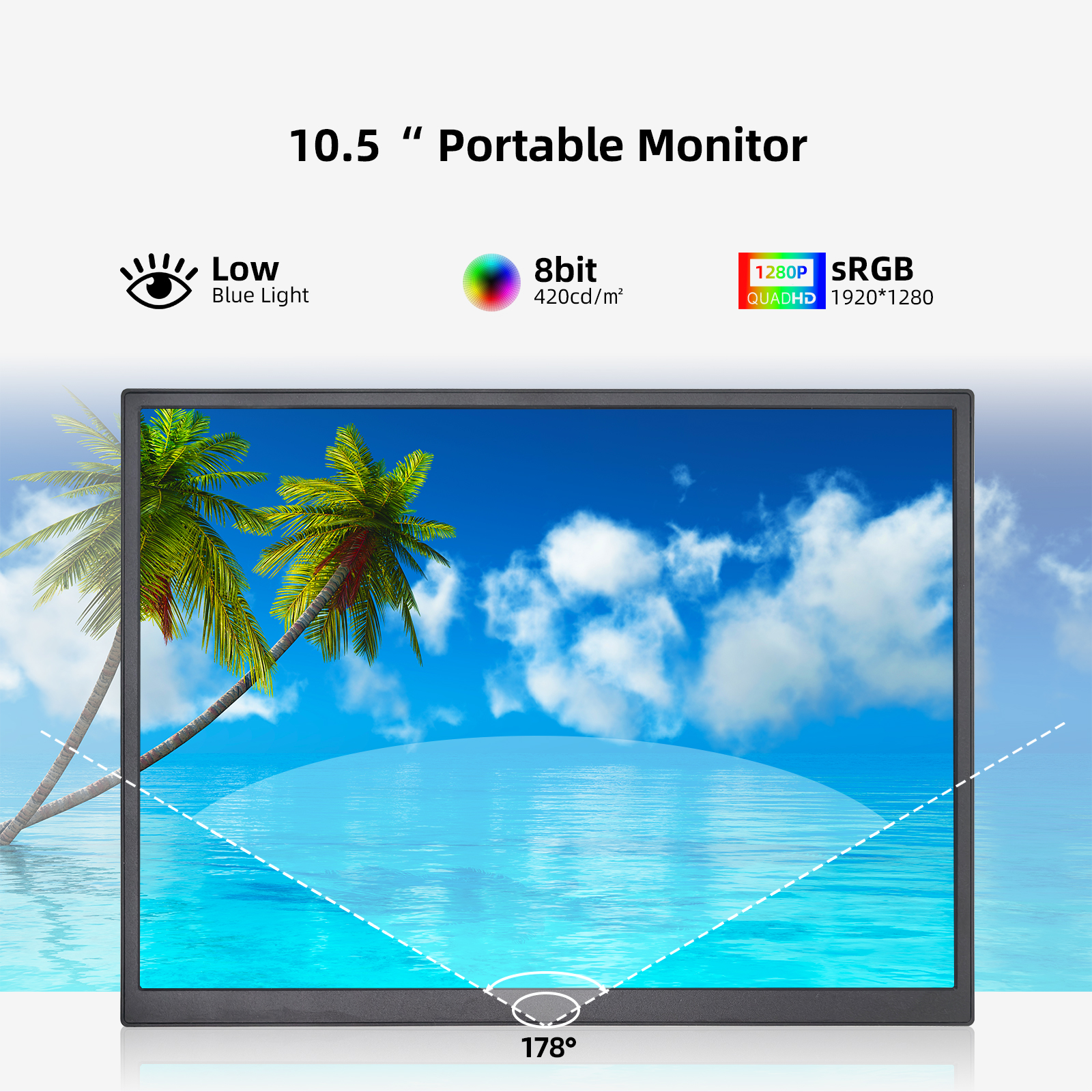 ZSUS-Monitor portátil de luz azul baixa para Xbox, PS4, PS4, 5 Switch, Celular, PC, Extensão Loptop, 10.5 ", 1280P, 100% sRGB, 5:10