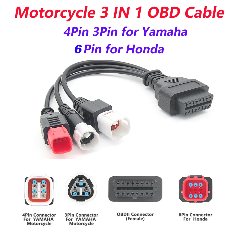 3 em 1 para yamaha 3pin 4pin e honda 6pin obd2 16pin adaptador de cabo conector de diagnóstico da motocicleta obd 2 cabo de extensão do motor