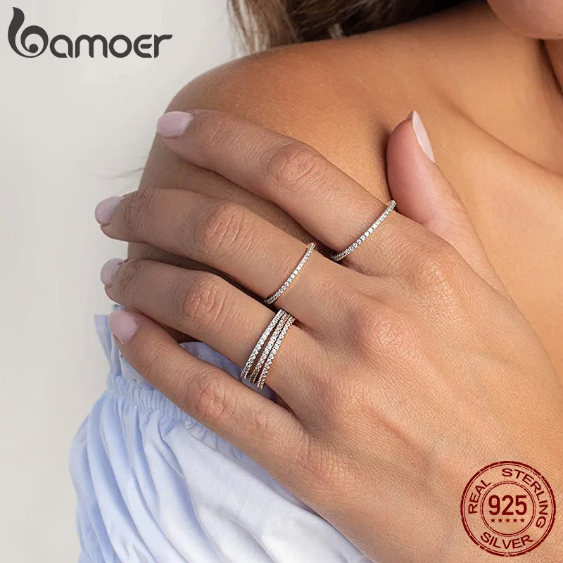 BAMOER 925 bagues empilables en argent sterling entièrement pavées de diamants simulés, bandes d'éternité de fiançailles plaquées or pour femmes colorées CZ