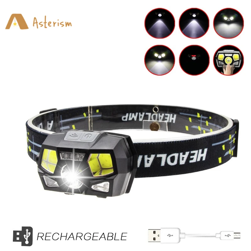 Linterna frontal recargable por USB, lámpara LED brillante para cabeza de 800 lúmenes, luz roja con Sensor de movimiento, luz frontal para pesca, senderismo y correr
