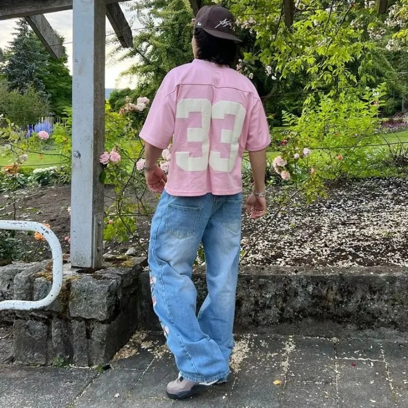 Y2K ジーンズ男性原宿桜プリントパターンデニムパンツヒップホップヴィンテージ男性女性ゴスカジュアルワイドレッグパンツストリート