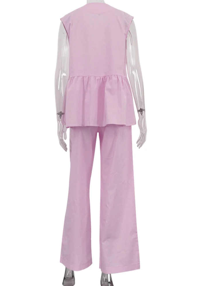 Solto rosa algodão linho 2 peça conjunto feminino verão chique outfit 2025 nova moda sem mangas regata com cintura alta calças largas conjunto