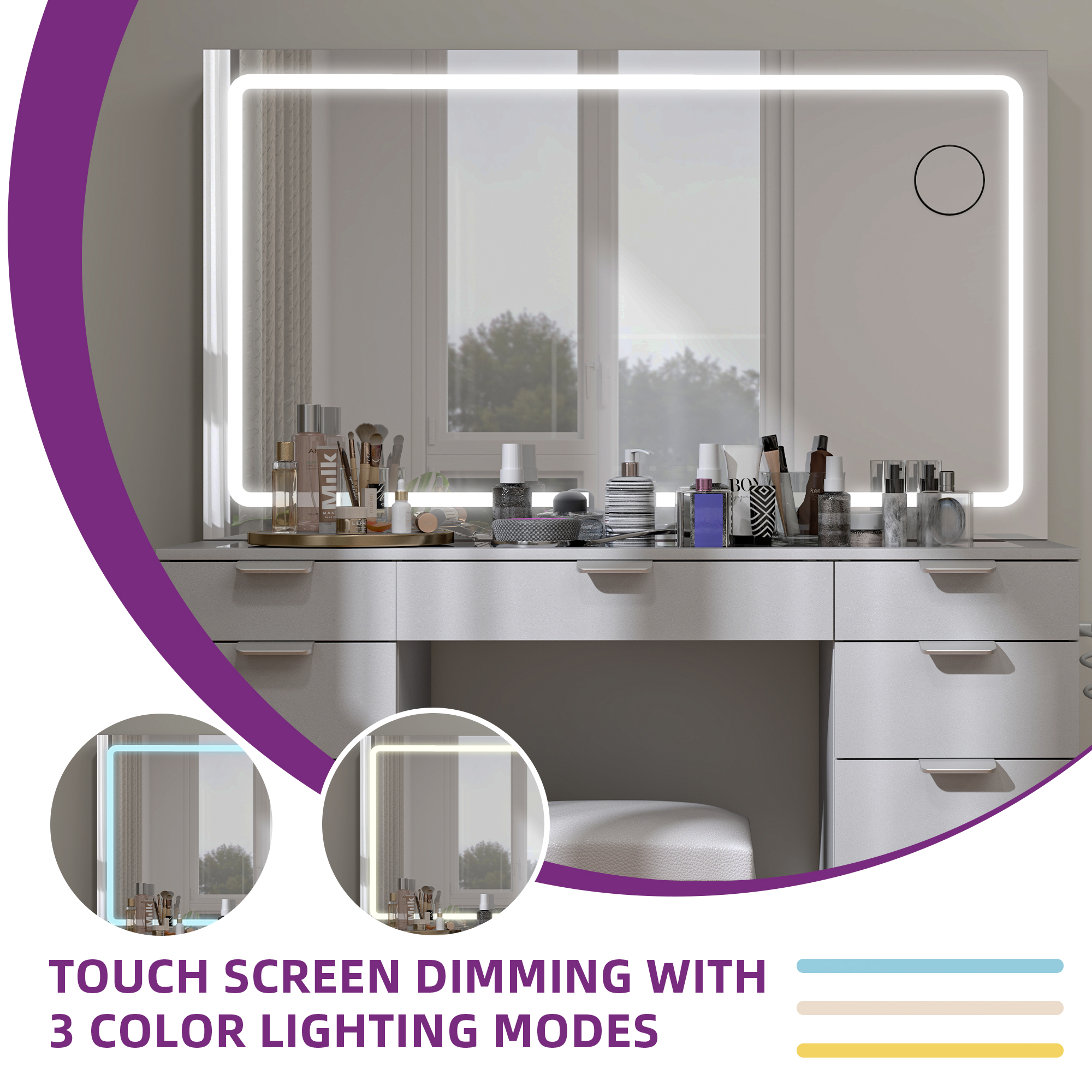 YITAHOME Mesa de tocador grande blanca con iluminación LED ajustable, tomas de corriente, espejo, tapa de cristal, 11 cajones, taburete incluido