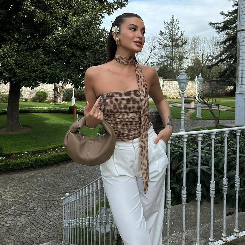 Dames Tule Luipaardprint Top met Bandeau Off-the-shoulder Rechte halslijn Zomer Casual Meisjes voor zomerblouse