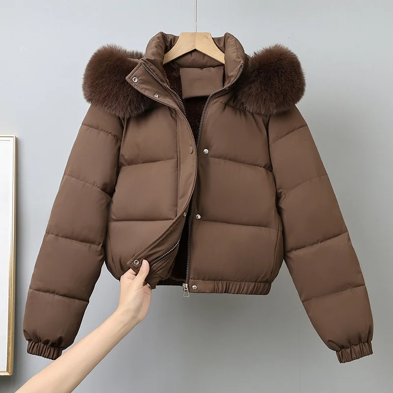 Inverno curto parkas roupas femininas acolchoadas de algodão adicionar veludo engrossar outerwear gola de pele removível casacos com capuz jaquetas quentes