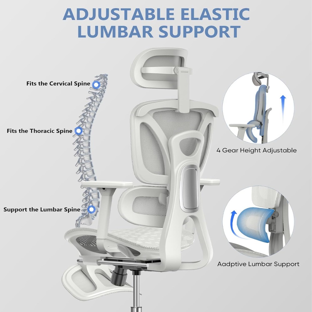 Ergonomic Mesh Office Chair with Foot Rest, Big and Tall Computer Chair with 3D Adjustable Headrest and 4D Armrest, 350 LBS Capa